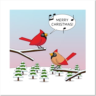 Cute Red Cardinal Singing Merry Christmas Posters and Art